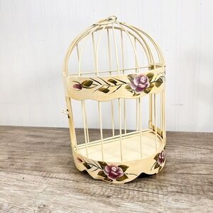 Vintage Hanging Birdcage with Purple Flowers, Cream Wall Decor